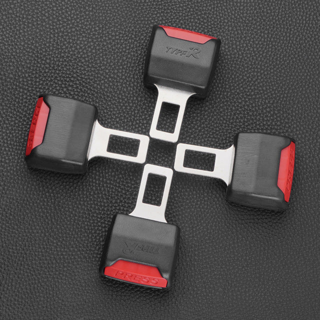 "Universal car seat belt clip extender, 2 pack, black, durable plastic and metal, easy installation for enhanced safety."