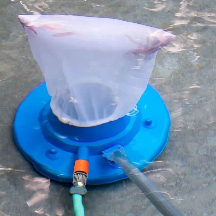 Eco-friendly pool cleaner actively removing dirt & leaves using suction for chemical-free pool maintenance.