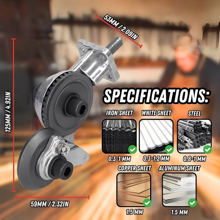 Easy-to-use drill attachment metal shear for hobbyists & repair tasks, cleanly cuts sheet metal, steel, aluminum.