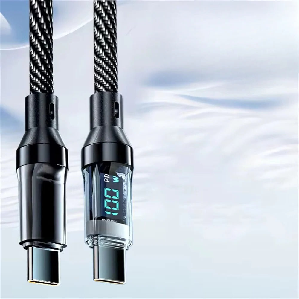 Universal fast charging cable with LED power display, compatible with USB-C devices, for smartphones & tablets.