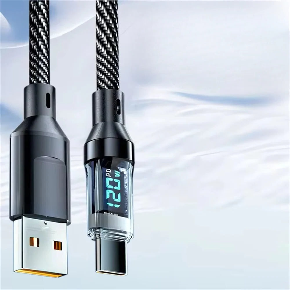 Durable braided USB-C to USB-A fast charging cable with LED display for phones, tablets & laptops.