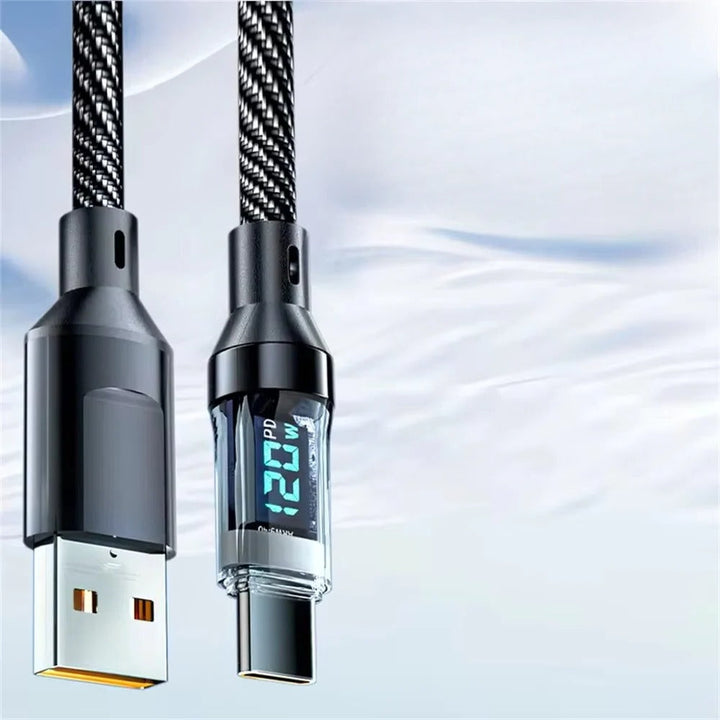 Durable braided USB-C to USB-A fast charging cable with LED display for phones, tablets & laptops.