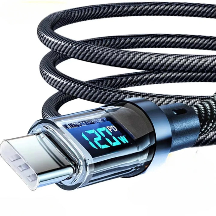 High-speed power delivery cable with LED power display. USB-C/A for fast data transfer & charging.