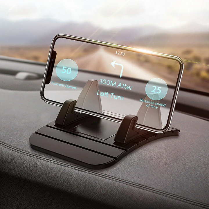 Universal non-slip silicone car phone holder securely grips dashboard for hands-free GPS & navigation.