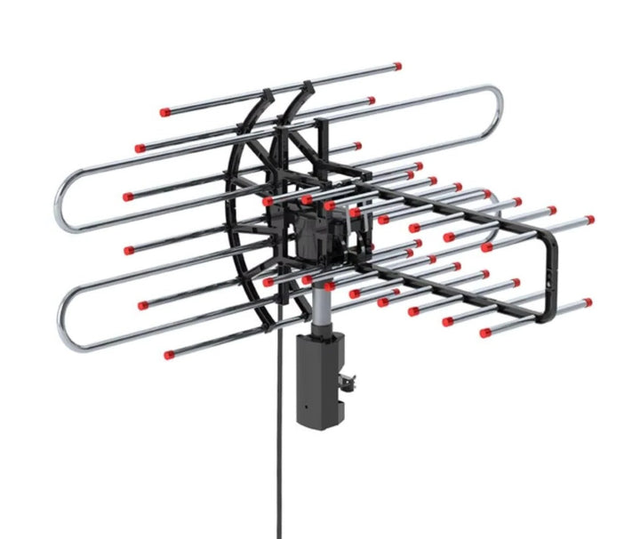 Universal outdoor HDTV antenna with 360° rotation & dual frequency support for crystal clear digital TV.
