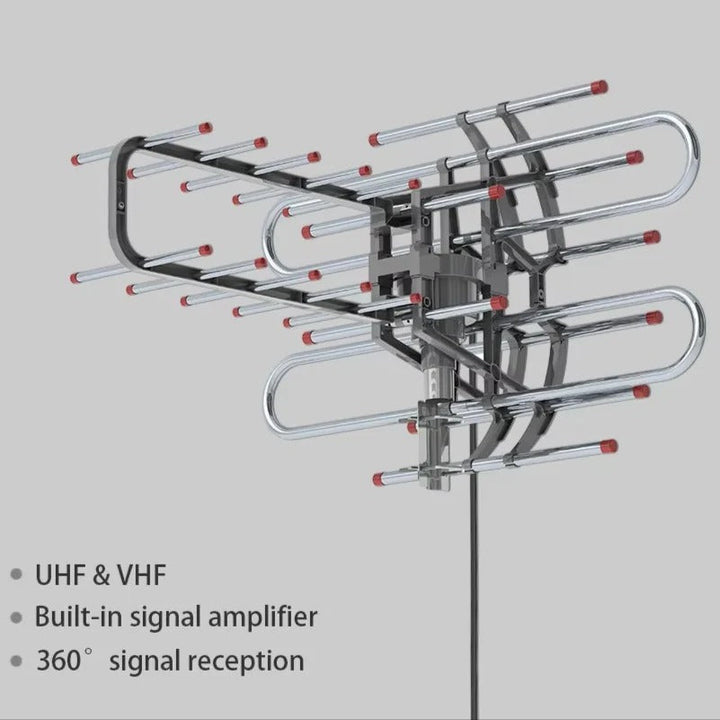 Weatherproof outdoor digital TV antenna, 360° rotatable, ensures strong signal for home entertainment in all conditions.