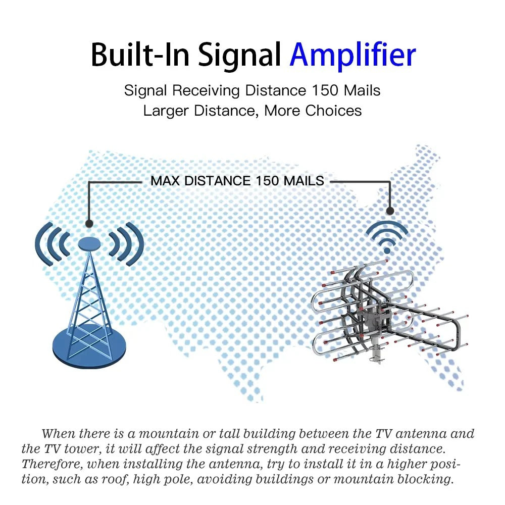 Advanced outdoor TV antenna with dual frequency & integrated signal booster for superior HDTV reception and range.