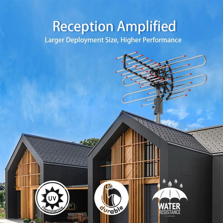 Compact 360° rotating outdoor TV antenna delivers universal digital channels, enhancing your home entertainment experience.