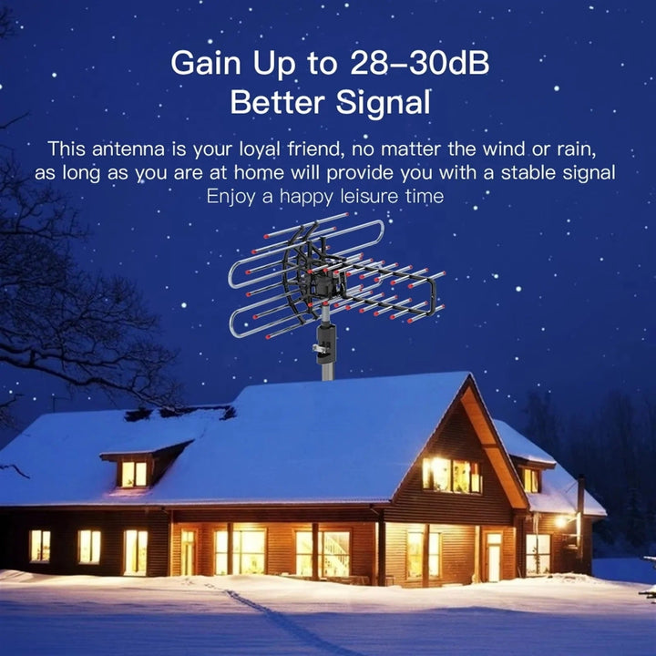 Sleek, universal outdoor HDTV antenna with 360° rotation, designed for easy installation and optimal signal capture.