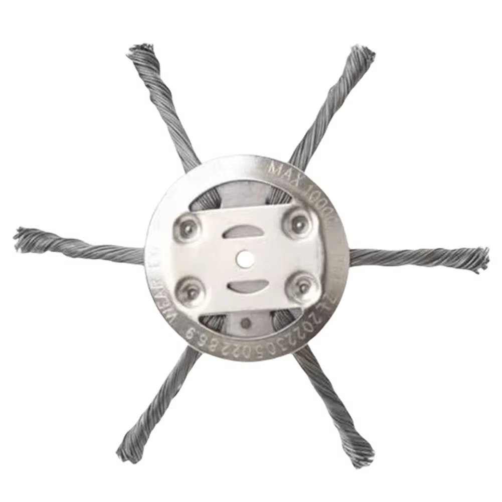 Universal steel wire trimmer head for heavy-duty weed, grass, and moss removal. Essential garden tool.