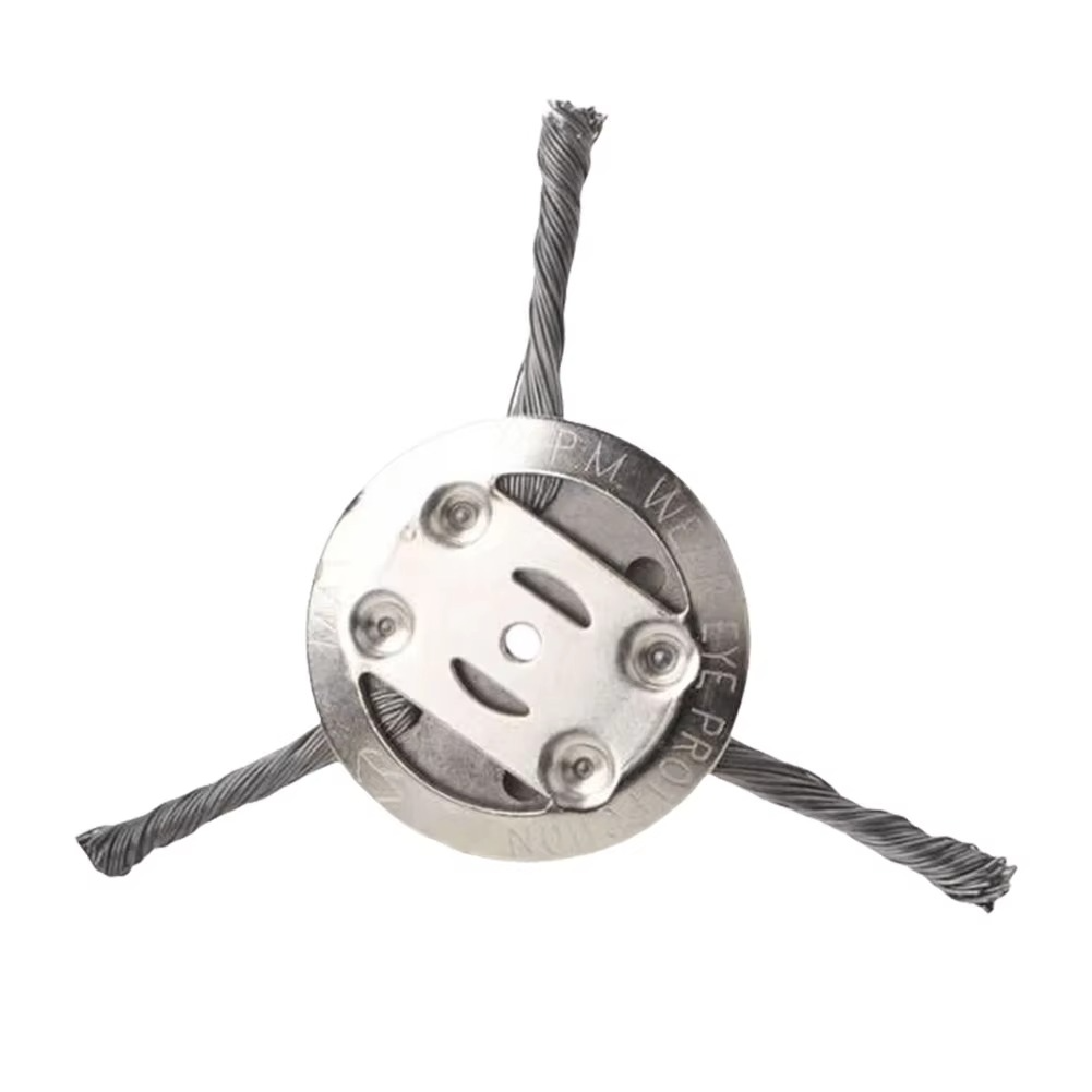 Close-up of durable steel wire brush for weed trimmer, ideal for tough outdoor cleanup & lawn care.
