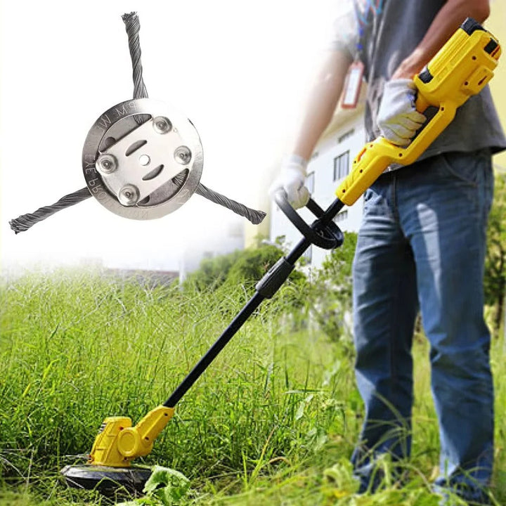 Steel wire brush grass trimmer head, perfect for rust removal, paint stripping, and heavy-duty landscaping.