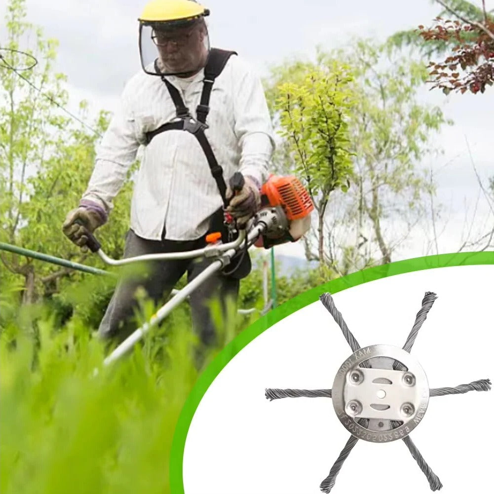 Garden tool: universal weed trimmer attachment with steel wire bristles for effective moss & debris removal.
