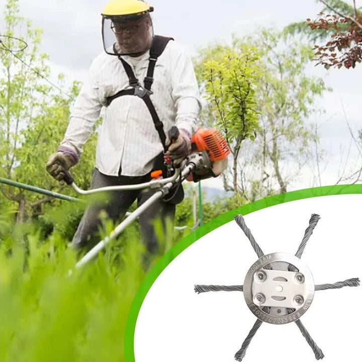 Garden tool: universal weed trimmer attachment with steel wire bristles for effective moss & debris removal.
