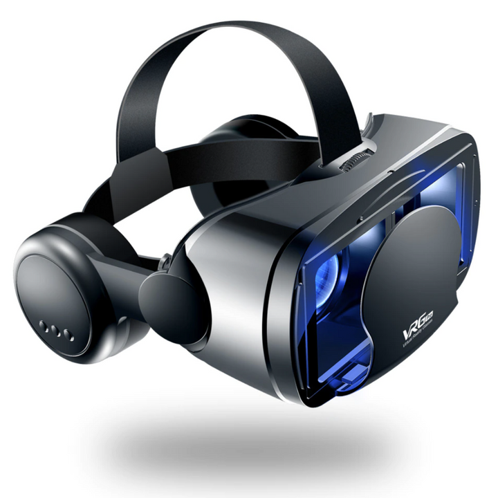 Comfortable VR glasses with built-in headphones for immersive Android & iOS mobile gaming and 3D viewing.