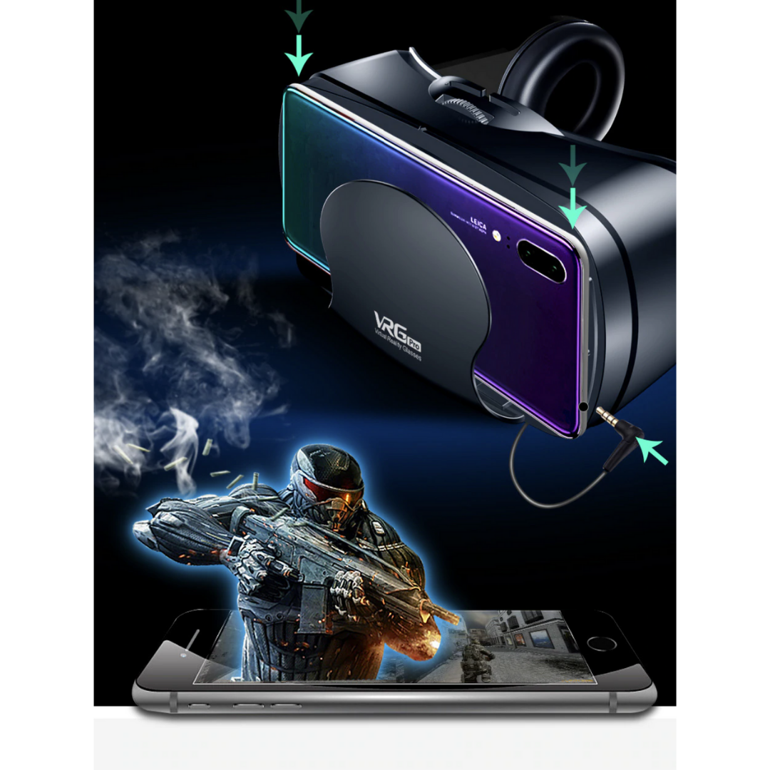 Smartphone VR headset with integrated headphones for an immersive virtual reality experience on iOS & Android.