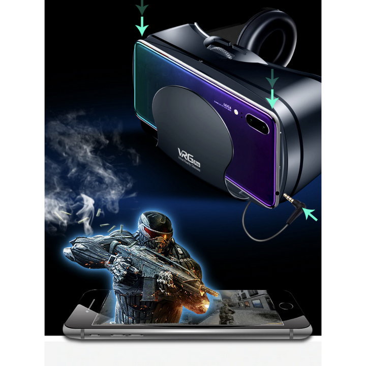 Smartphone VR headset with integrated headphones for an immersive virtual reality experience on iOS & Android.