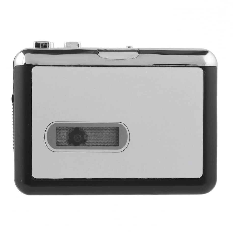 Close-up of a portable USB cassette converter with control buttons, ready to convert analog tape to digital MP3.