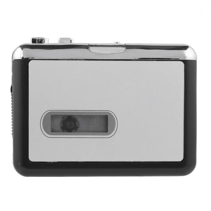 Close-up of a portable USB cassette converter with control buttons, ready to convert analog tape to digital MP3.