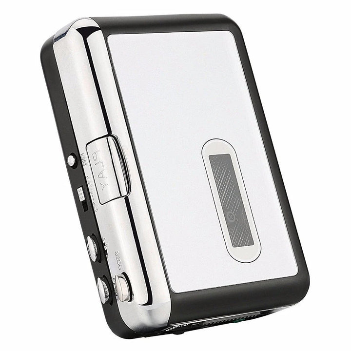 Side view of a USB cassette player and converter showing USB port and headphone jack for digitizing music to MP3.