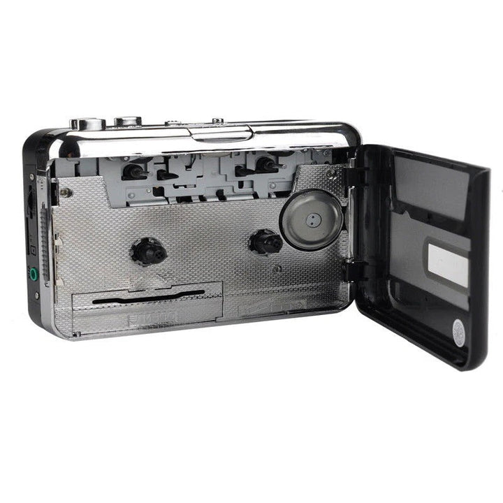 Black USB cassette converter for digitizing music, converting audio tapes to MP3 files via USB.