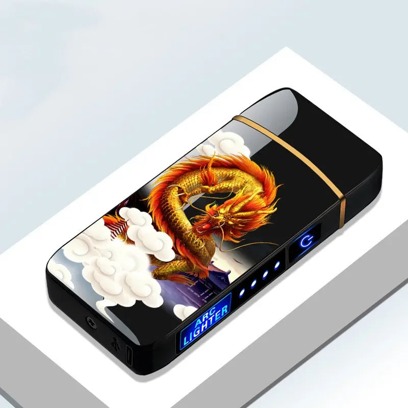 Elegant electric lighter gadget, USB rechargeable, flameless plasma arc, windproof design.