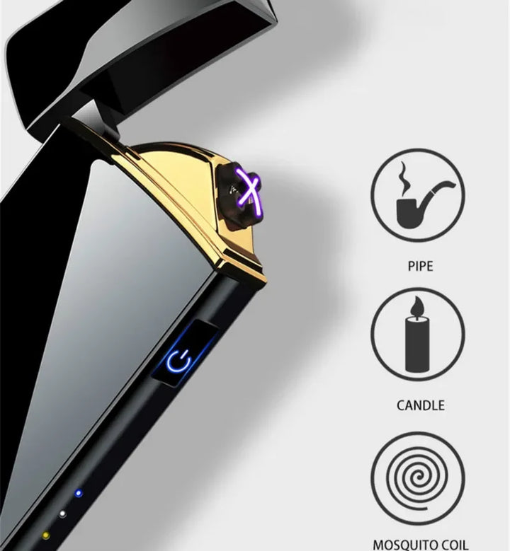 Modern metal electric lighter, USB rechargeable with windproof plasma arc technology.