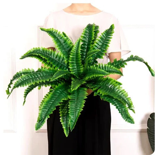 Realistic UV resistant artificial Boston fern, ideal faux greenery for balcony, patio, and home decor.