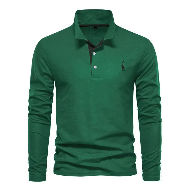 Close-up of a men's long-sleeved polo shirt, showing the quality fabric and elegant button placket detail.