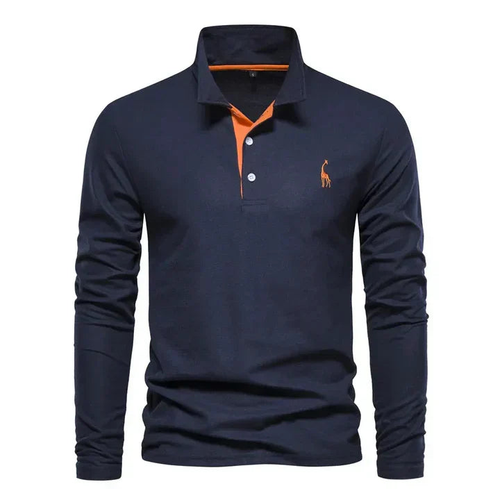 Classic men's long-sleeved polo with a durable button placket, perfect for a refined yet casual men's fashion statement.