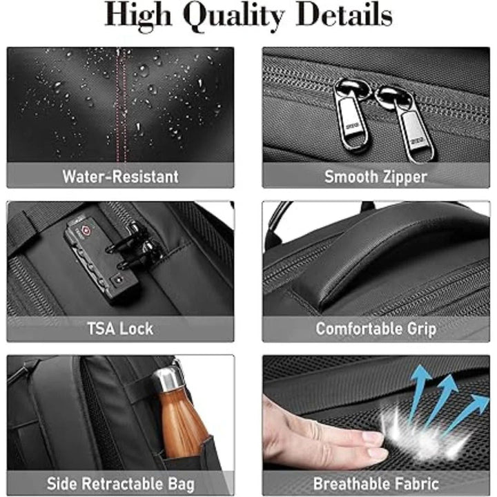 Versatile compression travel backpack in dark gray, designed for men and women; ideal for travel and daily commuting.