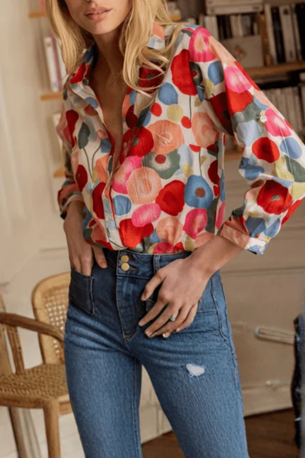 Women's smart casual floral print button-down blouse with long sleeves. Perfect relaxed fit for spring & summer fashion.