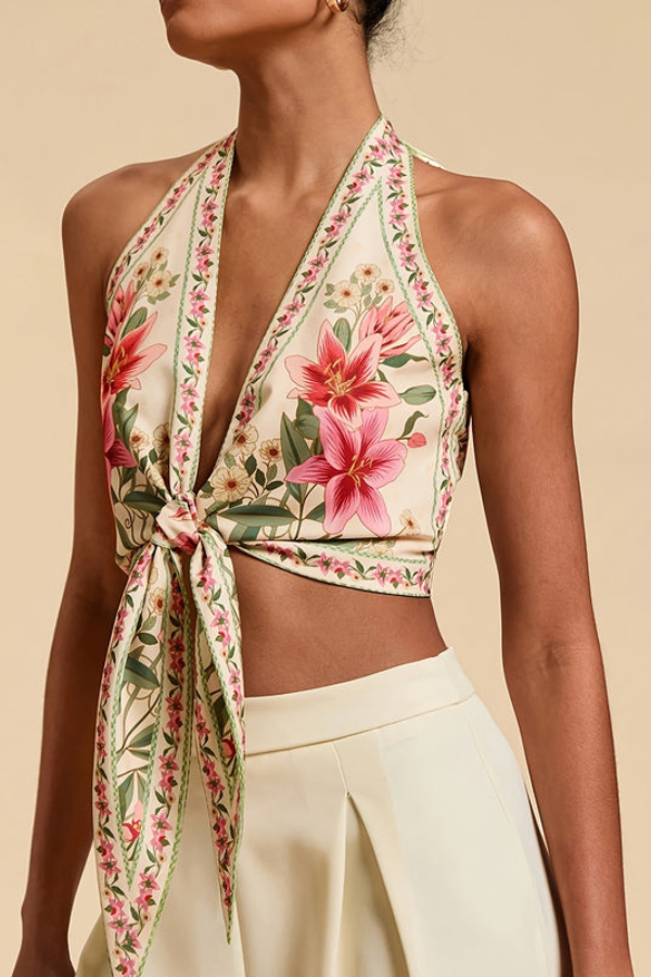 Bold floral print women's halter top. Vibrant summer fashion for beach days.