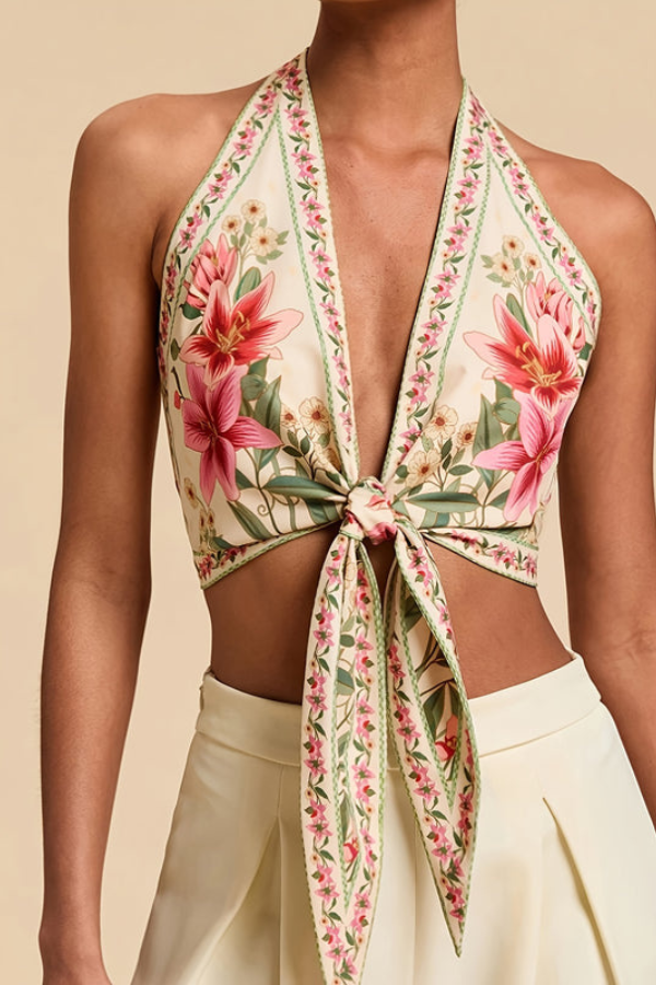 Casual vibrant floral halter top for women. Great for everyday summer style.