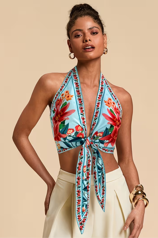 Halter neck floral top for women. Vibrant summer fashion, sleeveless & trendy.