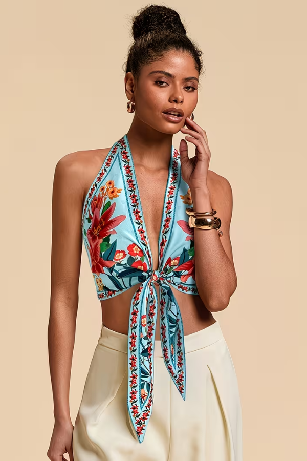 Bright vibrant floral halter top for women. Perfect for sunny summer days.