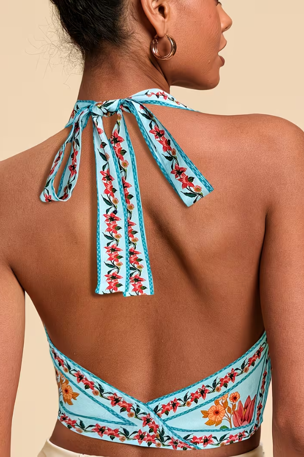 Women's vibrant floral halter top. Effortless casual summer fashion & beach style.