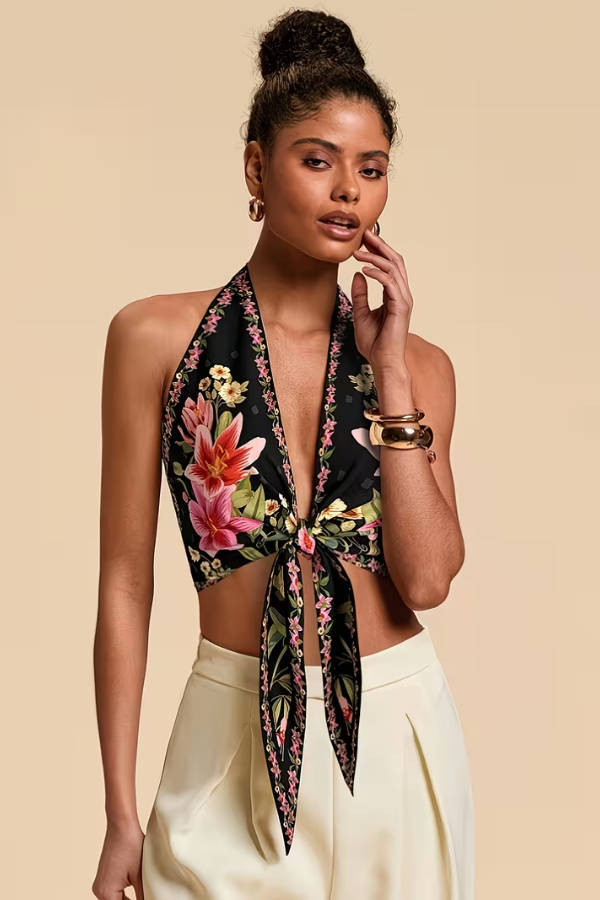 Effortless sleeveless floral print halter top for women. Trendy summer outfit.