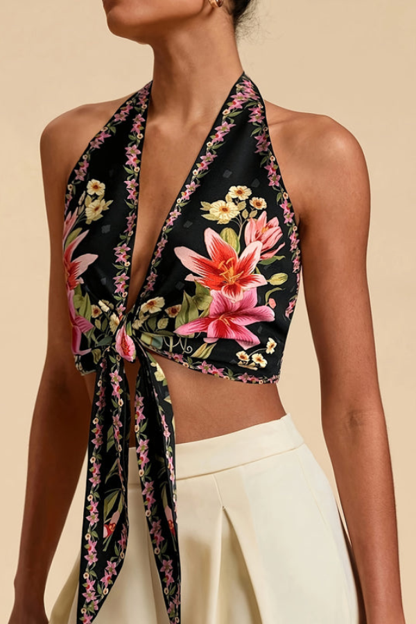 Beach style vibrant floral halter top for women. A summer fashion essential.