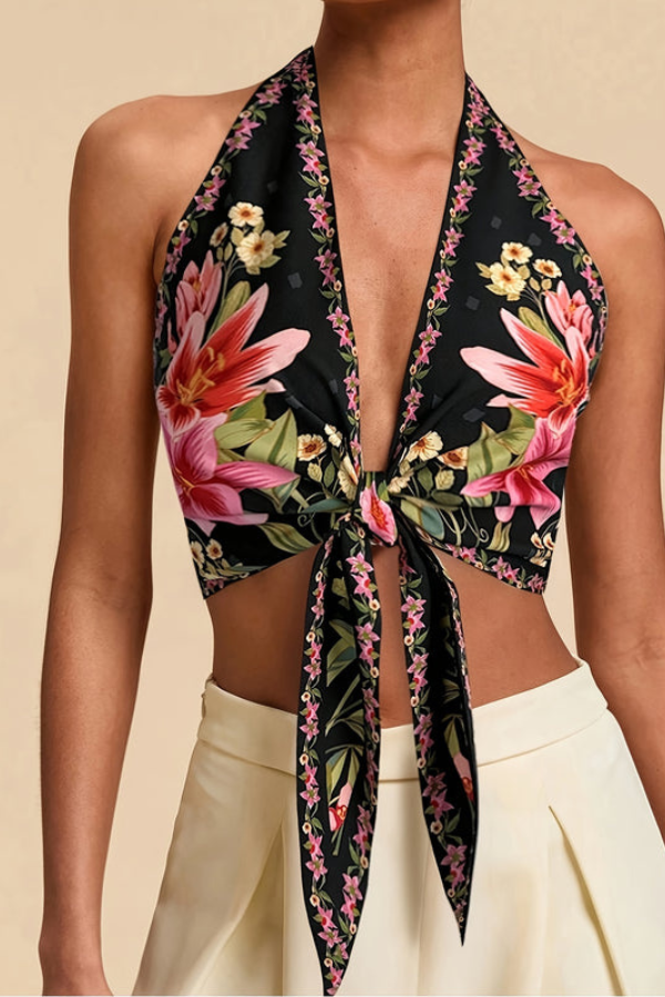 Easy-to-wear women's floral halter top. Perfect for summer fashion & vacations.