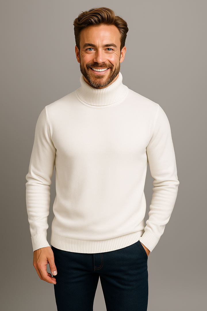Dynamic men's vibrant knit turtleneck, excellent for layering in cold weather.