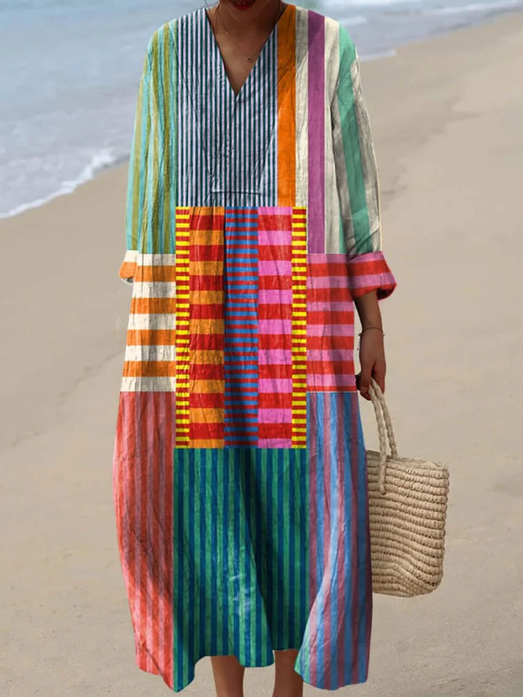 Vibrant patchwork maxi dress for women, featuring a flowy bohemian design. Perfect for elegant casual summer style.