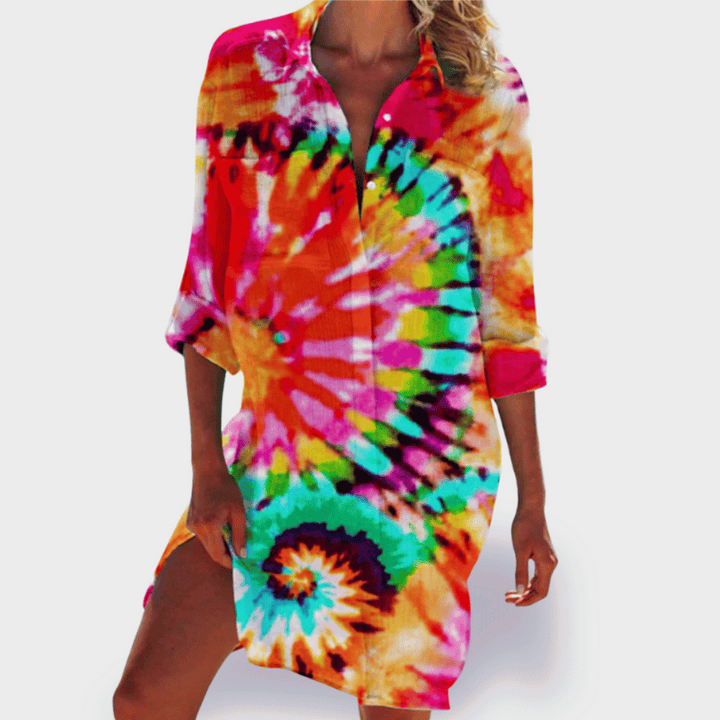 Vibrant women's flowy draped dress, perfect for summer. Effortless style & comfort.