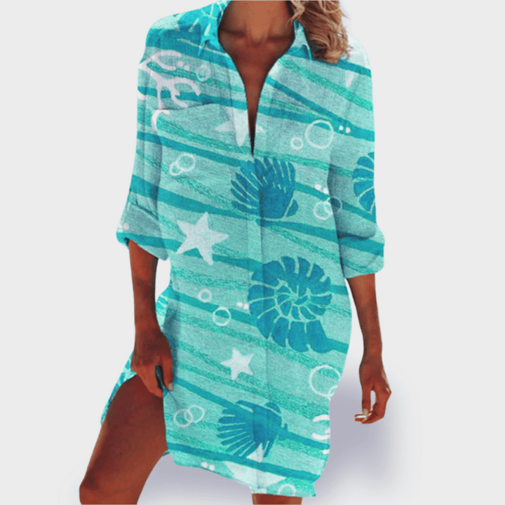 Elegant vibrant summer dress for women. Flowy and draped design offers effortless, comfortable style.
