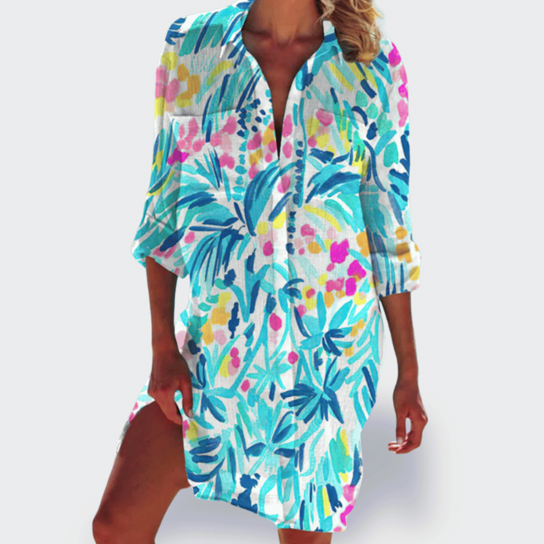 Versatile women's vibrant flowy draped dress. Comfortable for casual wear, elegant for occasions.
