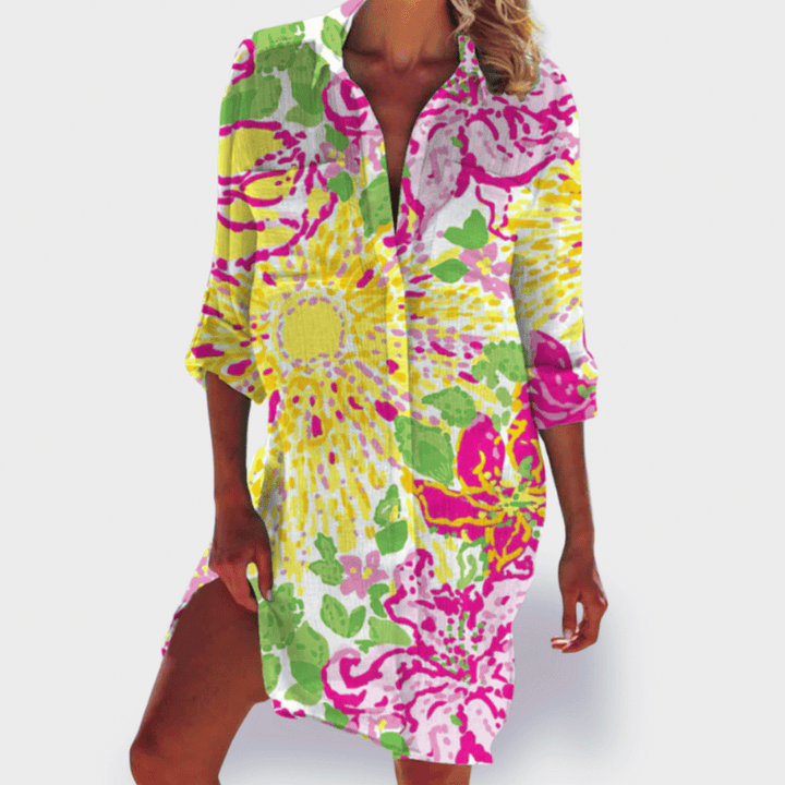 Unique vibrant draped dress for women. Flowy design ensures comfortable, effortless summer style.