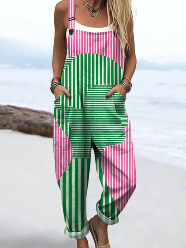 Vibrant women's geometric stripe print sleeveless bib jumpsuit for casual summer fashion. Comfortable & stylish colorblock design.
