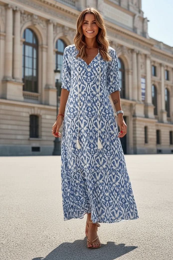 Vibrant women's summer flowy maxi dress, perfect for beach vacations or casual elegant wear.
