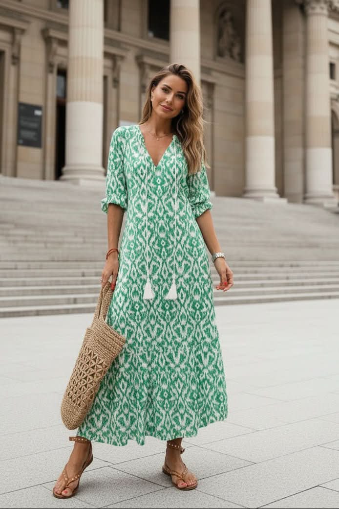 Elegant vibrant summer maxi dress for women, ideal as a flowy beach dress or comfortable vacation wear.