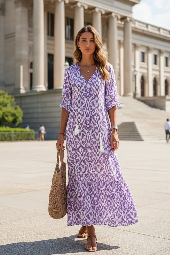 Sleeveless women's vibrant summer maxi dress, long and flowy, suitable for beach days or elegant casual wear.